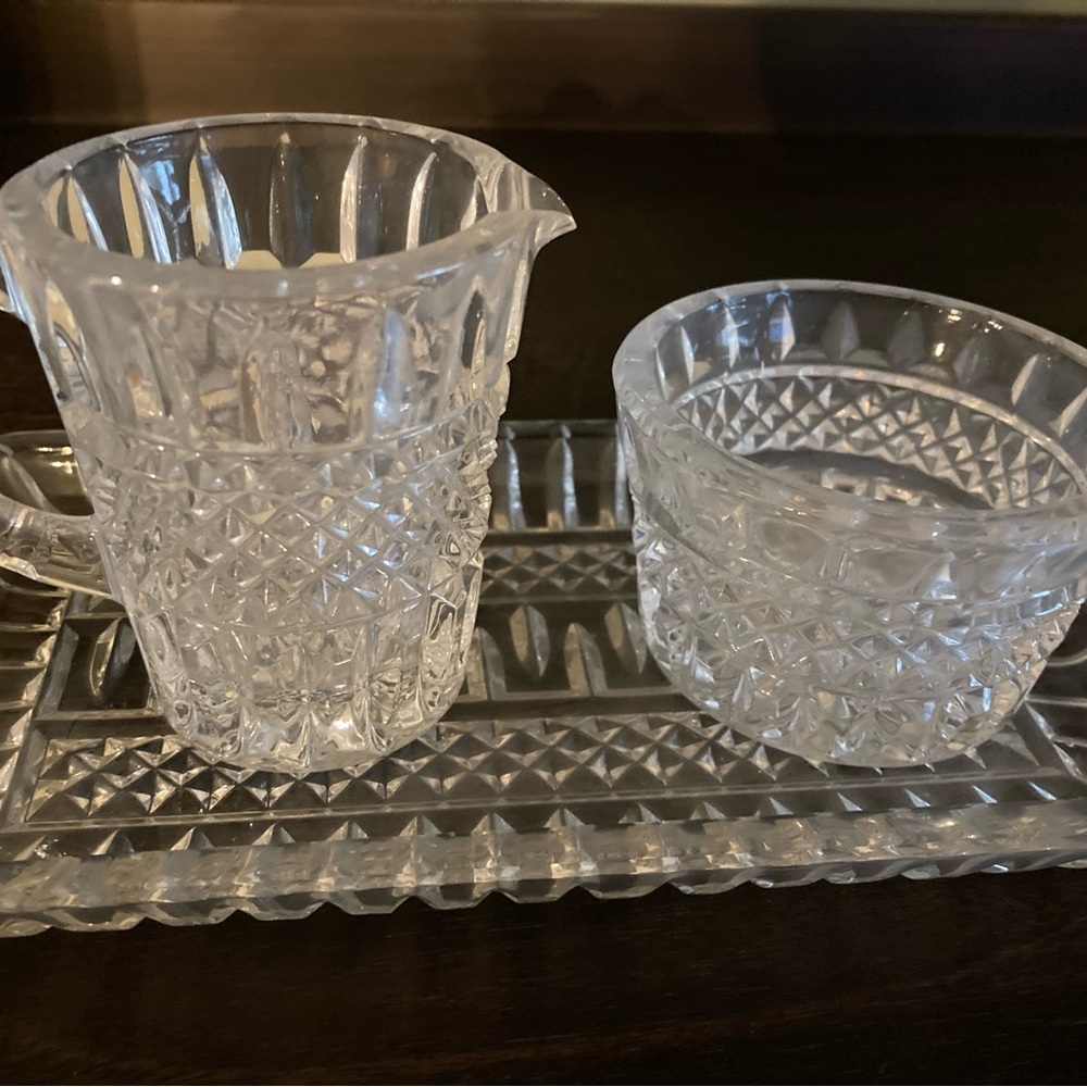 Cut glass Demi sugar and creamer with tray